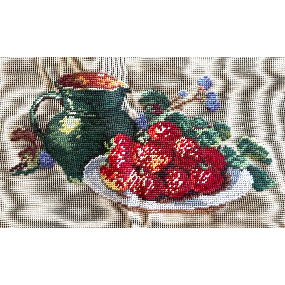 Vintage Preworked Decorator Needlepoint Canvas Strawberries Cottage Design 7x13